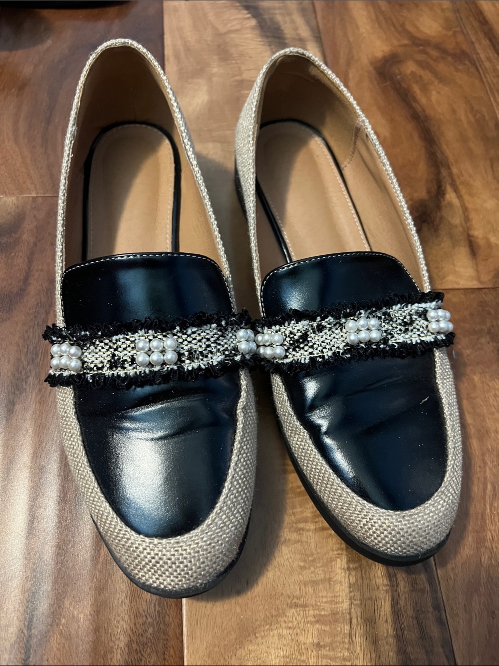 Beige and Black Pearl-Trim Women's Loafers